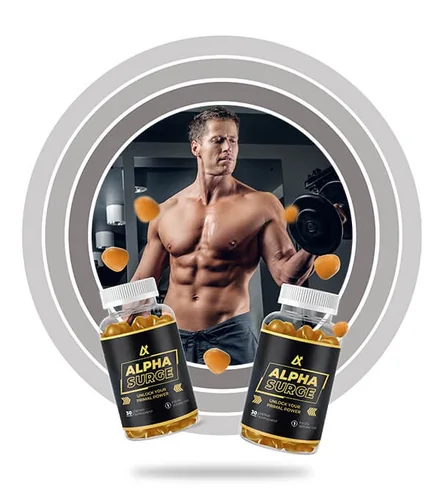 Man training next to Alpha Surge gummy bottles
