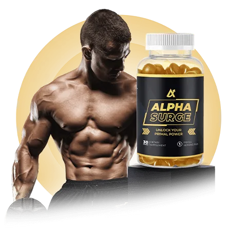 Man next to a bottle of Alpha Surge gummies